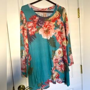 Philosophy long sleeve sweater size L. Aqua blue with peach floral design.